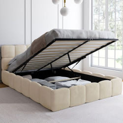 Tweepersoons kistbed met doorgestikt hoofdbord en beige fluwelen lattenbodem 140 x 190 cm - NUAGE | ID Market