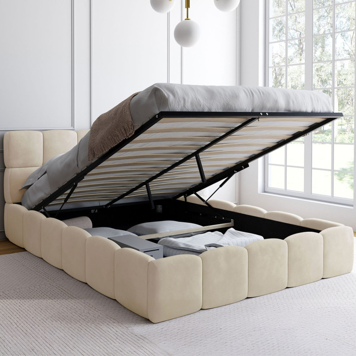 Letto matrimoniale a cassettone NUAGE con testata trapuntata e base in velluto beige 140 x 190 cm