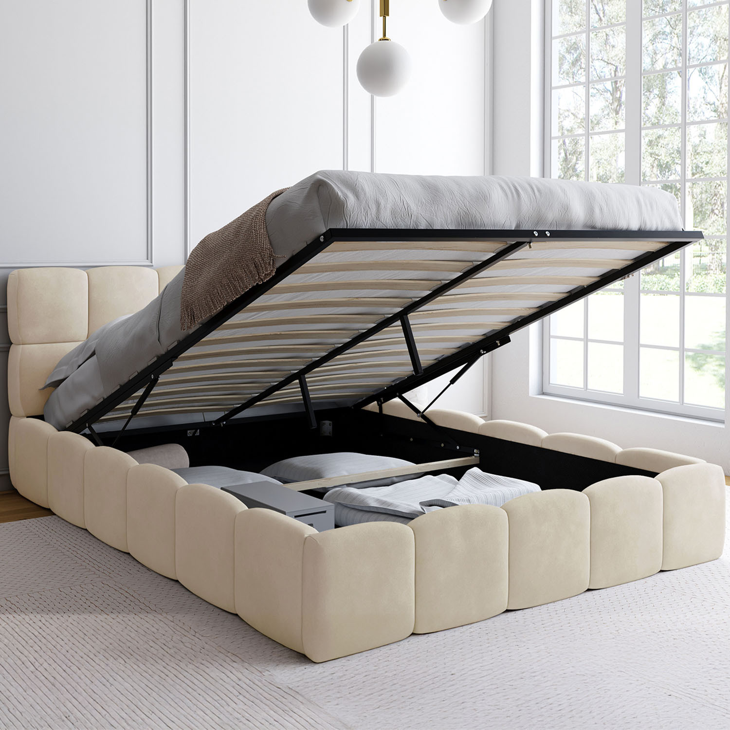 Lit coffre double avec tête de lit matelassée et sommier de 140 x 190 cm en velours beige