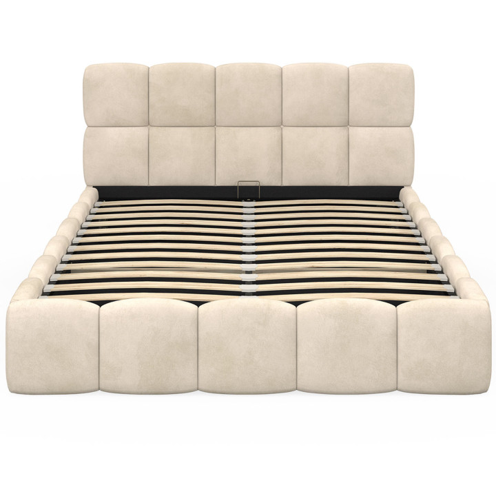 Letto matrimoniale a cassettone NUAGE con testata trapuntata e base in velluto beige 140 x 190 cm