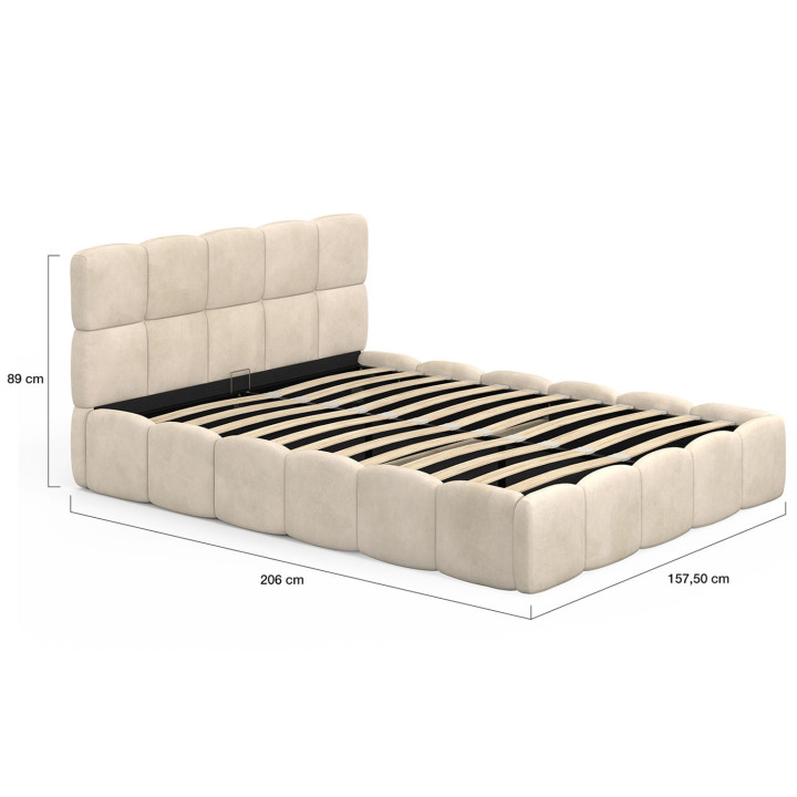 Letto matrimoniale a cassettone NUAGE con testata trapuntata e base in velluto beige 140 x 190 cm