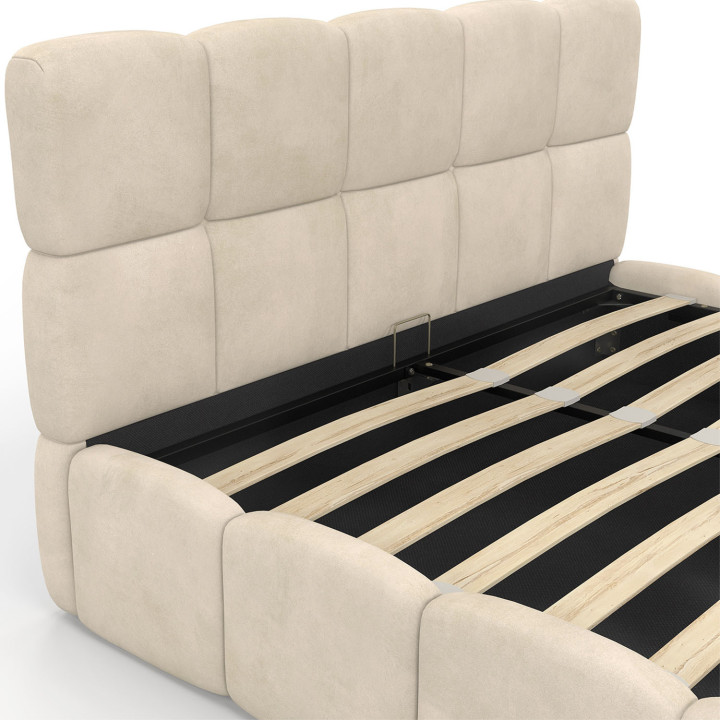 Letto matrimoniale a cassettone NUAGE con testata trapuntata e base in velluto beige 140 x 190 cm