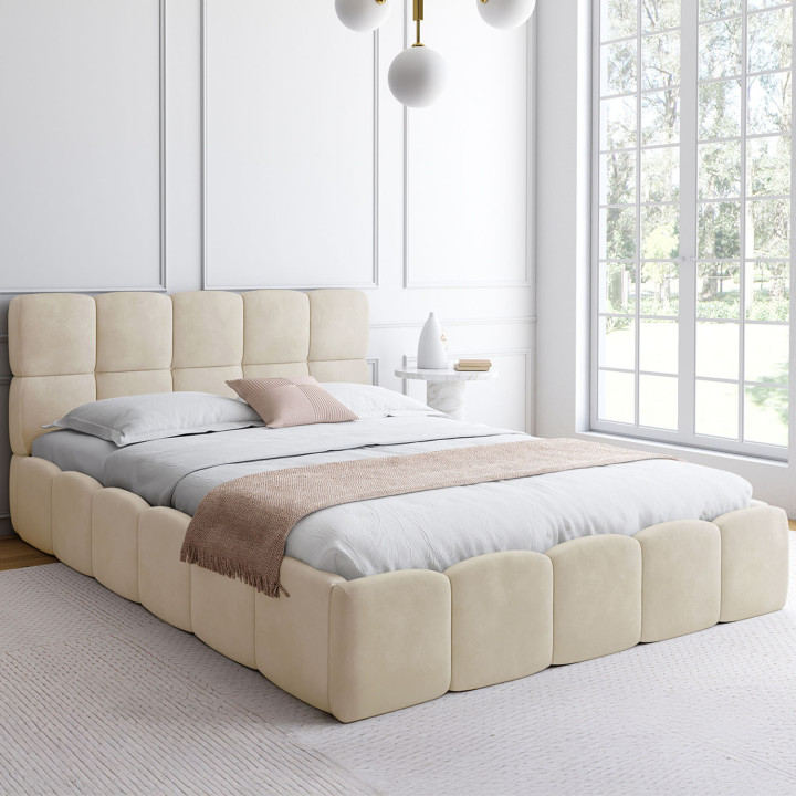 Letto matrimoniale a cassettone NUAGE con testata trapuntata e base in velluto beige 140 x 190 cm
