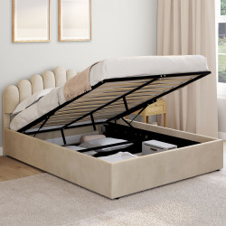 NOELIE tweepersoons kistbed met hoofdbord en beige fluwelen lattenbodem 140 x 190 cm