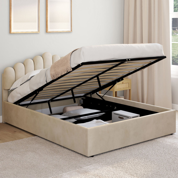 Letto matrimoniale NOELIE con testiera e base in velluto beige 140 x 190 cm
