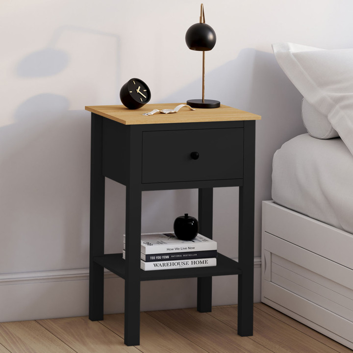 Set di 2 comodini ACHILLE, 1 cassetto e 1 ripiano in legno e nero