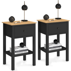 Set di 2 comodini ACHILLE, 1 cassetto e 1 ripiano in legno e nero