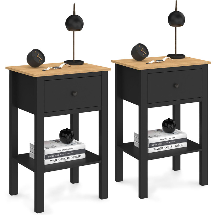 Set di 2 comodini ACHILLE, 1 cassetto e 1 ripiano in legno e nero