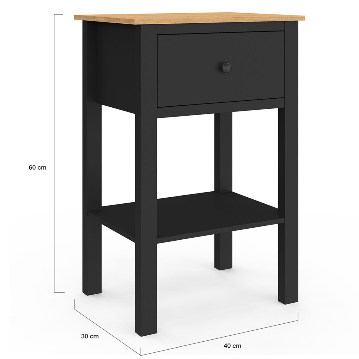 Set di 2 comodini ACHILLE, 1 cassetto e 1 ripiano in legno e nero