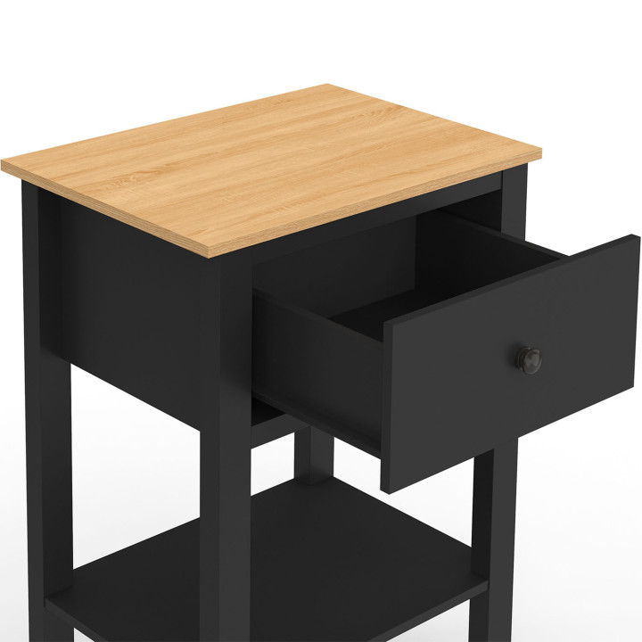 Set di 2 comodini ACHILLE, 1 cassetto e 1 ripiano in legno e nero