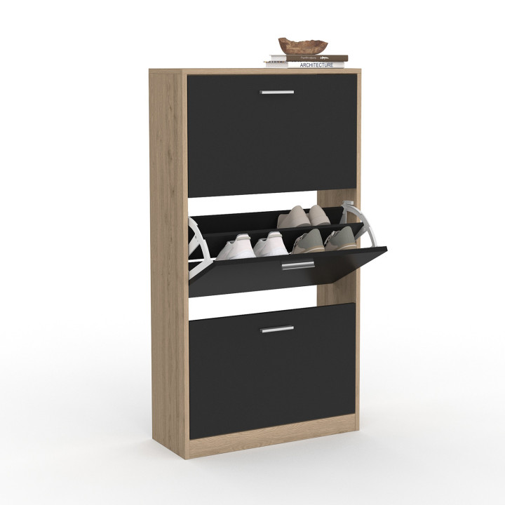 Mueble zapatero barato de 3 puertas en imitación haya y negro | ID Market