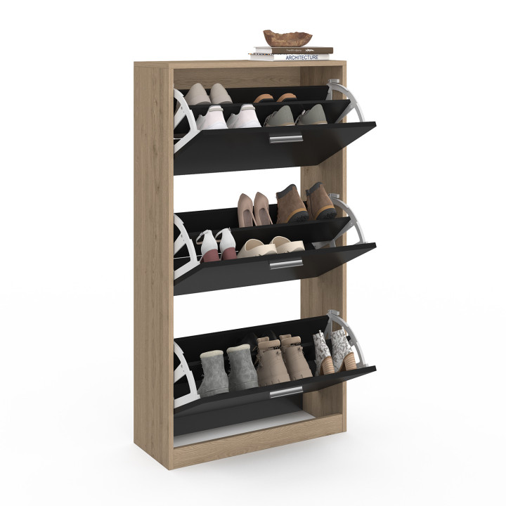 Mueble zapatero barato de 3 puertas en imitación haya y negro | ID Market