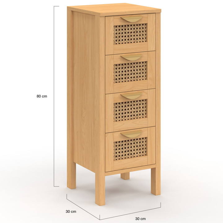 Meuble d'appoint 4 tiroirs EDHEN 30 cm chiffonnier avec cannage pour entrée salle de bain
