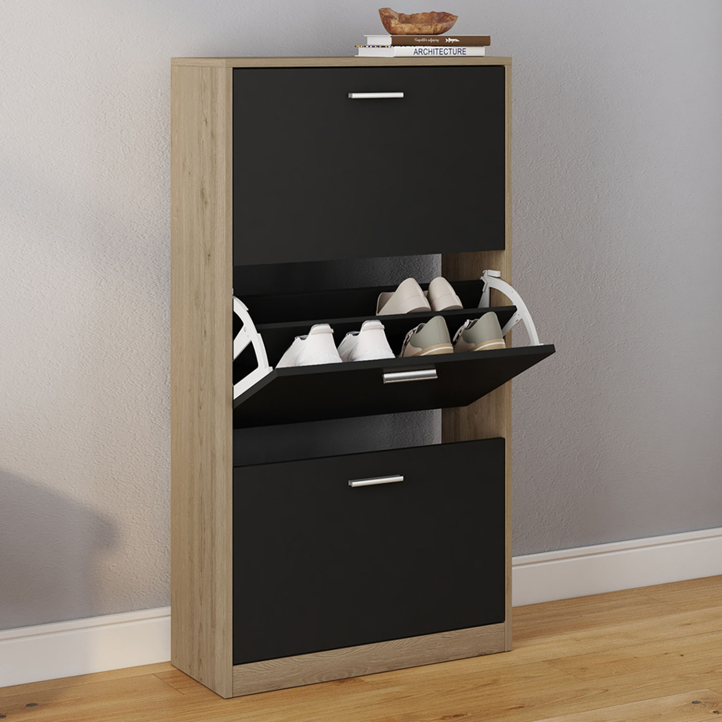Meuble à Chaussures Boston 18 Paires - Design Industriel 3 Portes - 63x23.5x115cm - IDMarket