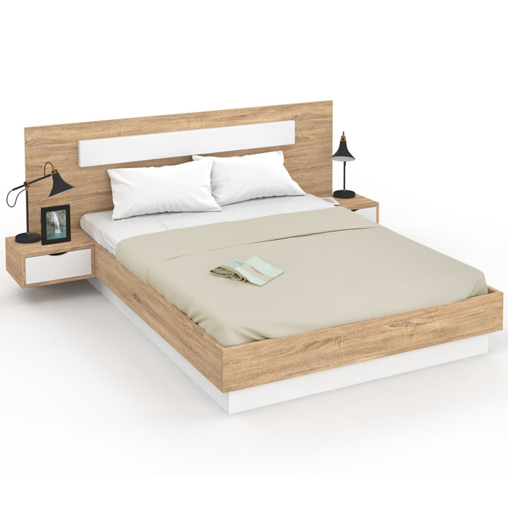 Cama de matrimonio con cabecero, somier y mesitas de noche de madera y blanco - SANTA | IDMarket