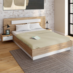 Cama de matrimonio con cabecero, somier y mesitas de noche de madera y blanco - SANTA | IDMarket