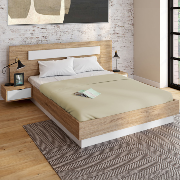 Cama de matrimonio con cabecero, somier y mesitas de noche de madera y blanco - SANTA | IDMarket