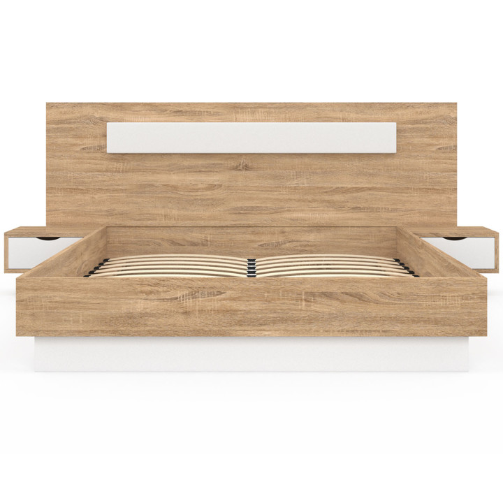 Cama de matrimonio con cabecero, somier y mesitas de noche de madera y blanco - SANTA | IDMarket