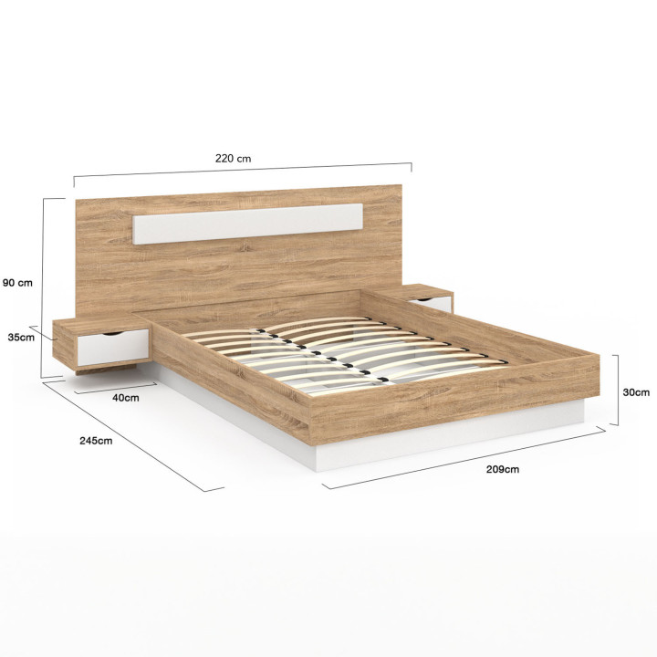 Cama de matrimonio con cabecero, somier y mesitas de noche de madera y blanco - SANTA | IDMarket