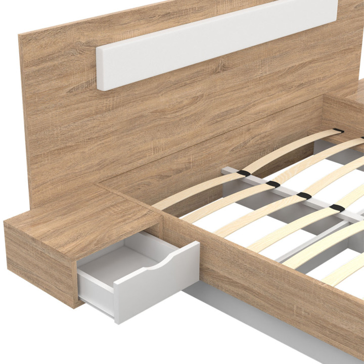 Cama de matrimonio con cabecero, somier y mesitas de noche de madera y blanco - SANTA | IDMarket