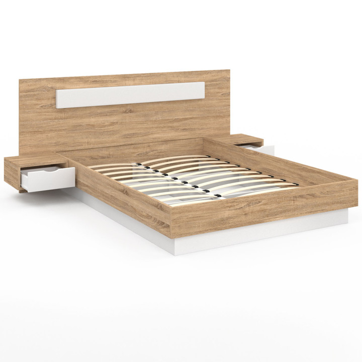 Cama de matrimonio con cabecero, somier y mesitas de noche de madera y blanco - SANTA | IDMarket