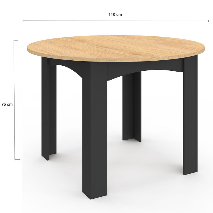DONA Tavolo da pranzo rotondo per 4-6 persone, nero, piano effetto faggio 110 cm