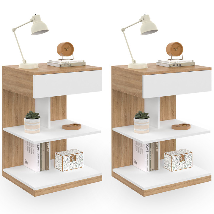 Lot de 2 tables de chevet TOMI 1 tiroir et 2 étagères façon hêtre et blanc