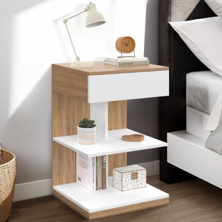 Lot de 2 tables de chevet TOMI 1 tiroir et 2 étagères façon hêtre et blanc