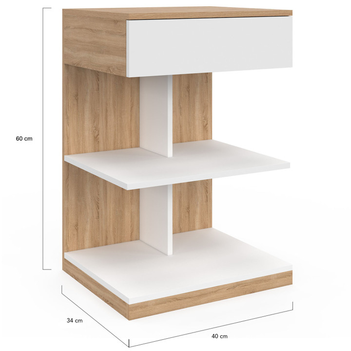Lot de 2 tables de chevet TOMI 1 tiroir et 2 étagères façon hêtre et blanc