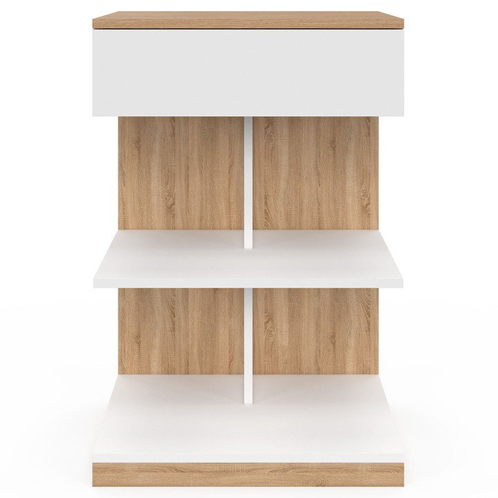 Lot de 2 tables de chevet TOMI 1 tiroir et 2 étagères façon hêtre et blanc