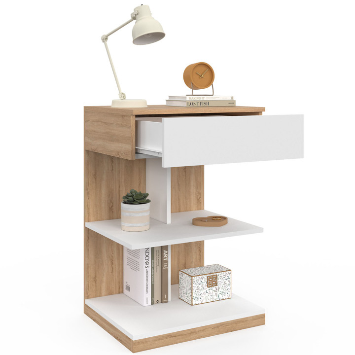 Lot de 2 tables de chevet TOMI 1 tiroir et 2 étagères façon hêtre et blanc