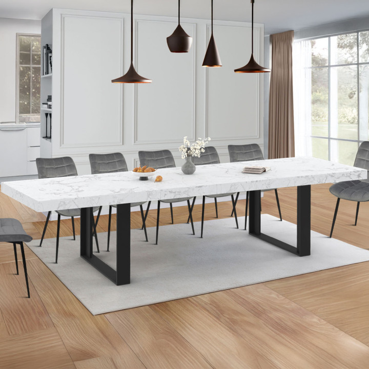 Table à manger extensible PHOENIX rectangle 6 - 12 personnes plateau effet marbre blanc ALASKA 200-300 cm