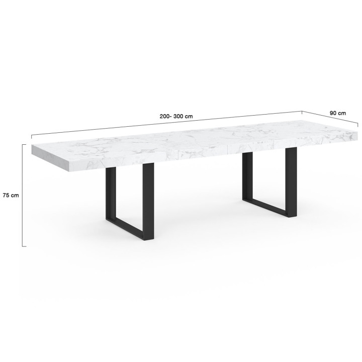 Table à manger extensible PHOENIX rectangle 6 - 12 personnes plateau effet marbre blanc ALASKA 200-300 cm