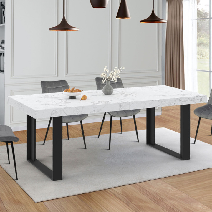 Table à manger extensible PHOENIX rectangle 6 - 12 personnes plateau effet marbre blanc ALASKA 200-300 cm