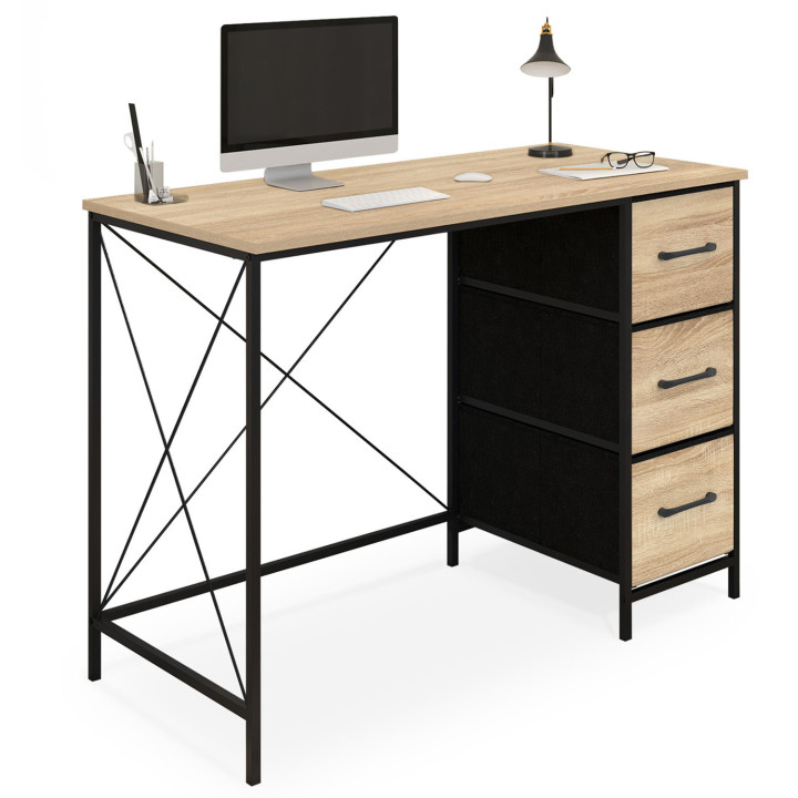 Scrivania di design industriale a 3 cassetti in legno e tessuto nero - UTAH | ID Market