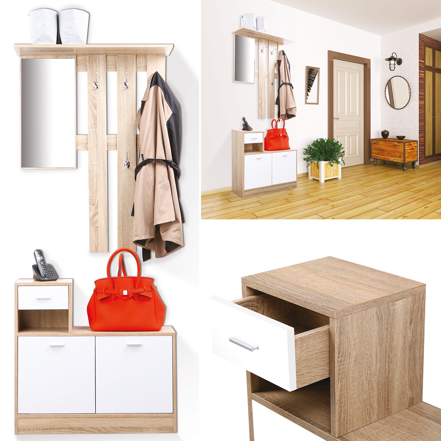 Vestiaire d'entrée avec miroir design hêtre portes blanches Meuble...