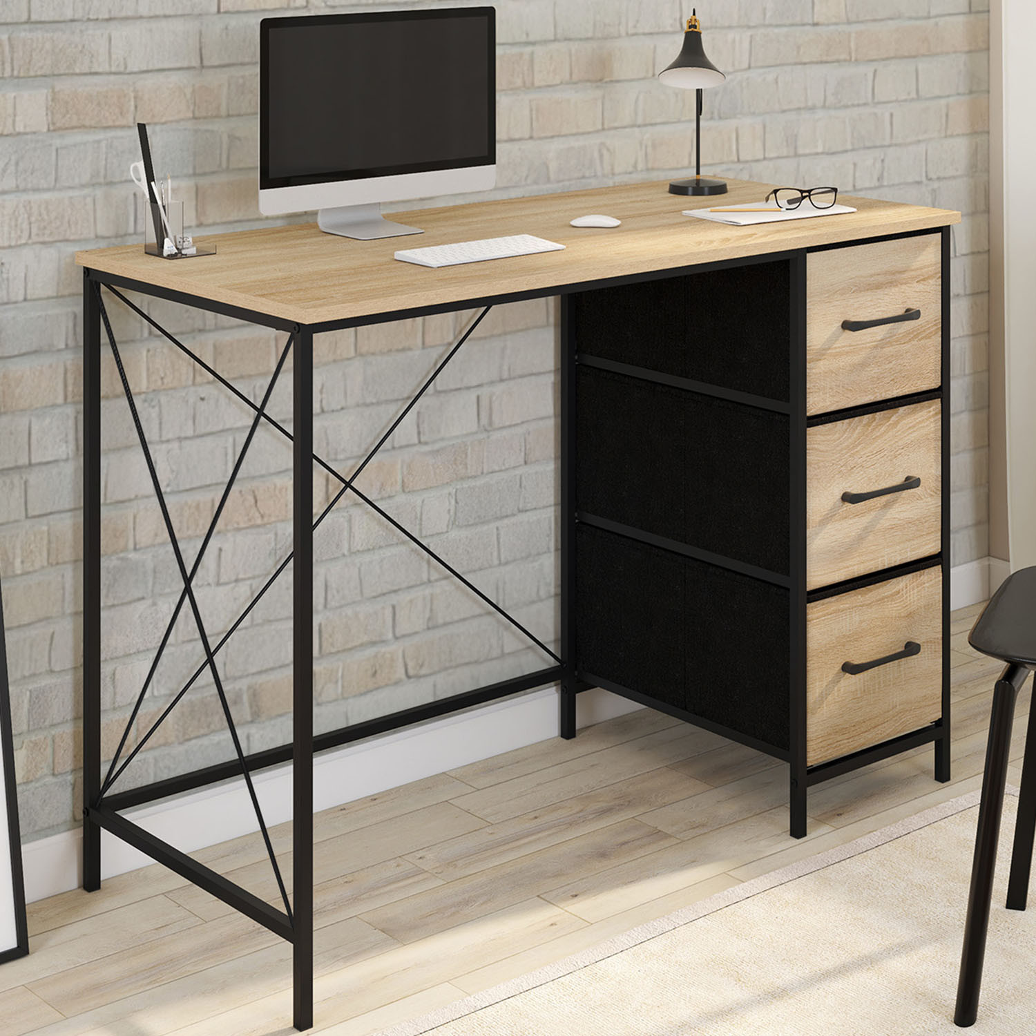 Bureau 3 tiroirs design industriel 100 cm en tissu bois et noir