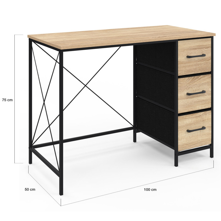 Scrivania di design industriale a 3 cassetti in legno e tessuto nero - UTAH | ID Market