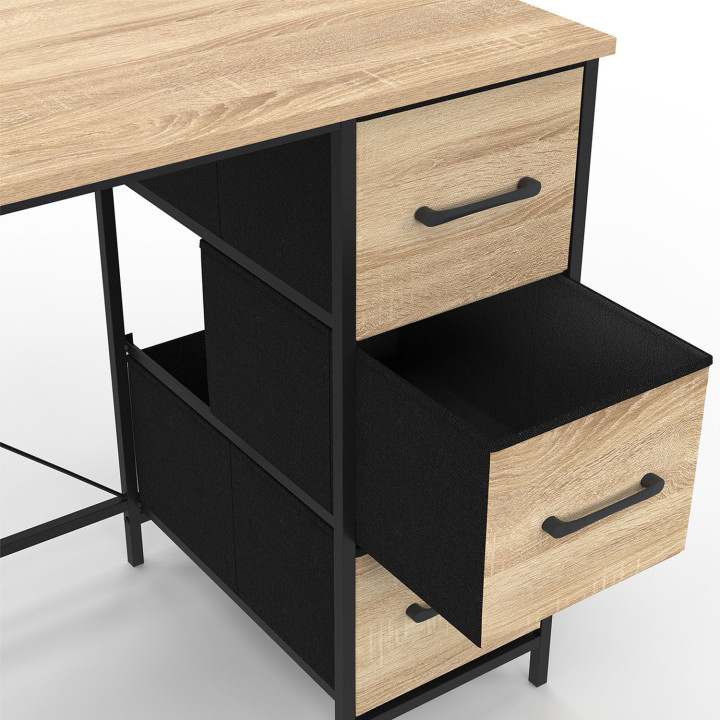 Scrivania di design industriale a 3 cassetti in legno e tessuto nero - UTAH | ID Market