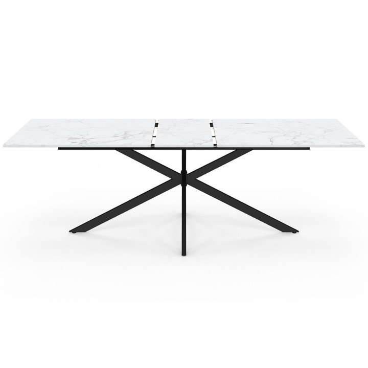 Table à manger extensible rectangle ALIX 8-12 personnes pied araignée noir plateau effet marbre blanc ALASKA 200-240 cm