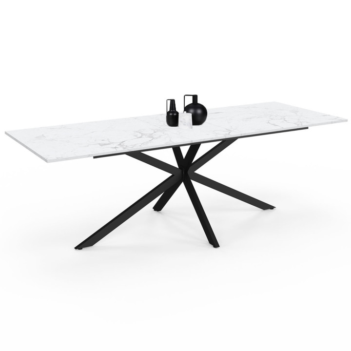 Table à manger extensible rectangle ALIX 8-12 personnes pied araignée noir plateau effet marbre blanc ALASKA 200-240 cm