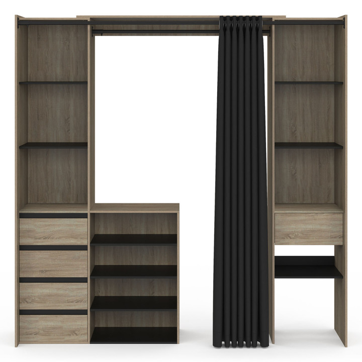 Dressing extensible double XXL MERYL 120/180 x 50 x 180 cm hêtre avec tiroirs + étagères hêtre + double penderie + rideau noir