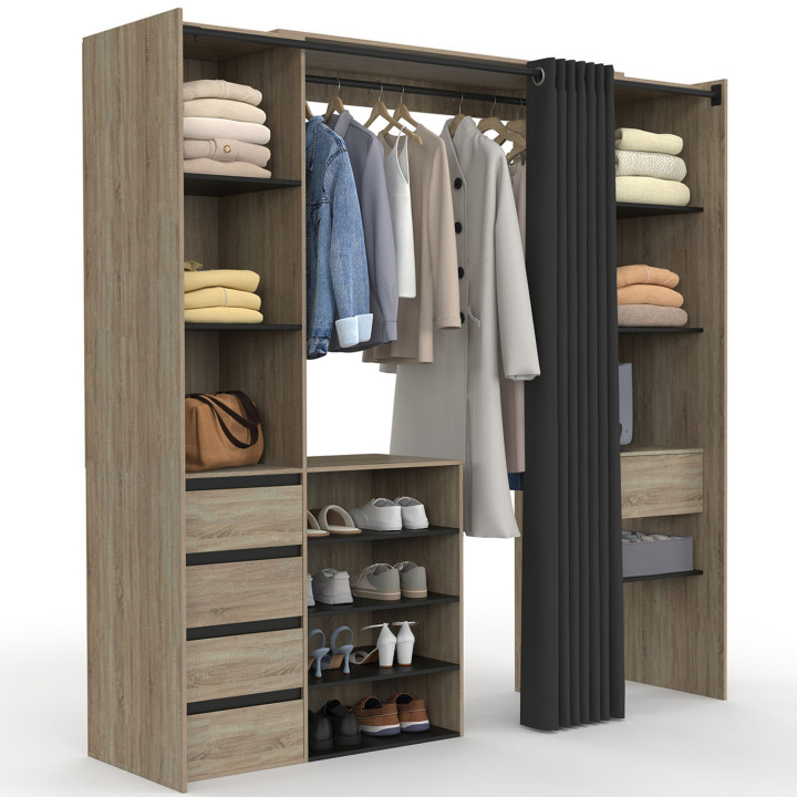 Dressing extensible double XXL MERYL 120/180 x 50 x 180 cm hêtre avec tiroirs + étagères hêtre + double penderie + rideau noir