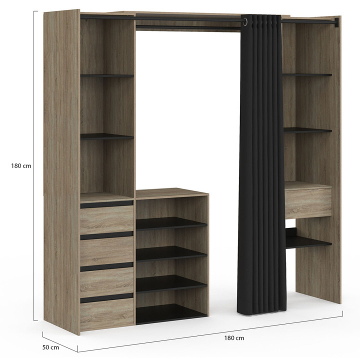 Dressing extensible double XXL MERYL 120/180 x 50 x 180 cm hêtre avec tiroirs + étagères hêtre + double penderie + rideau noir