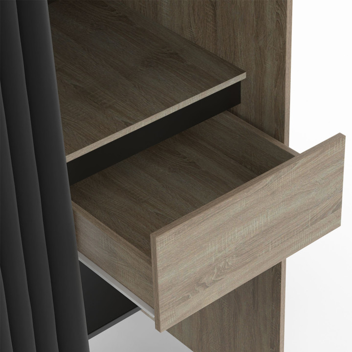 Dressing extensible double XXL MERYL 120/180 x 50 x 180 cm hêtre avec tiroirs + étagères hêtre + double penderie + rideau noir