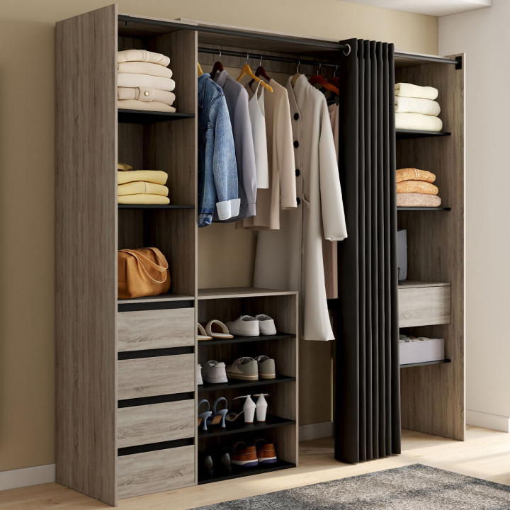 Dressing extensible double XXL MERYL 120/180 x 50 x 180 cm hêtre avec tiroirs + étagères hêtre + double penderie + rideau noir
