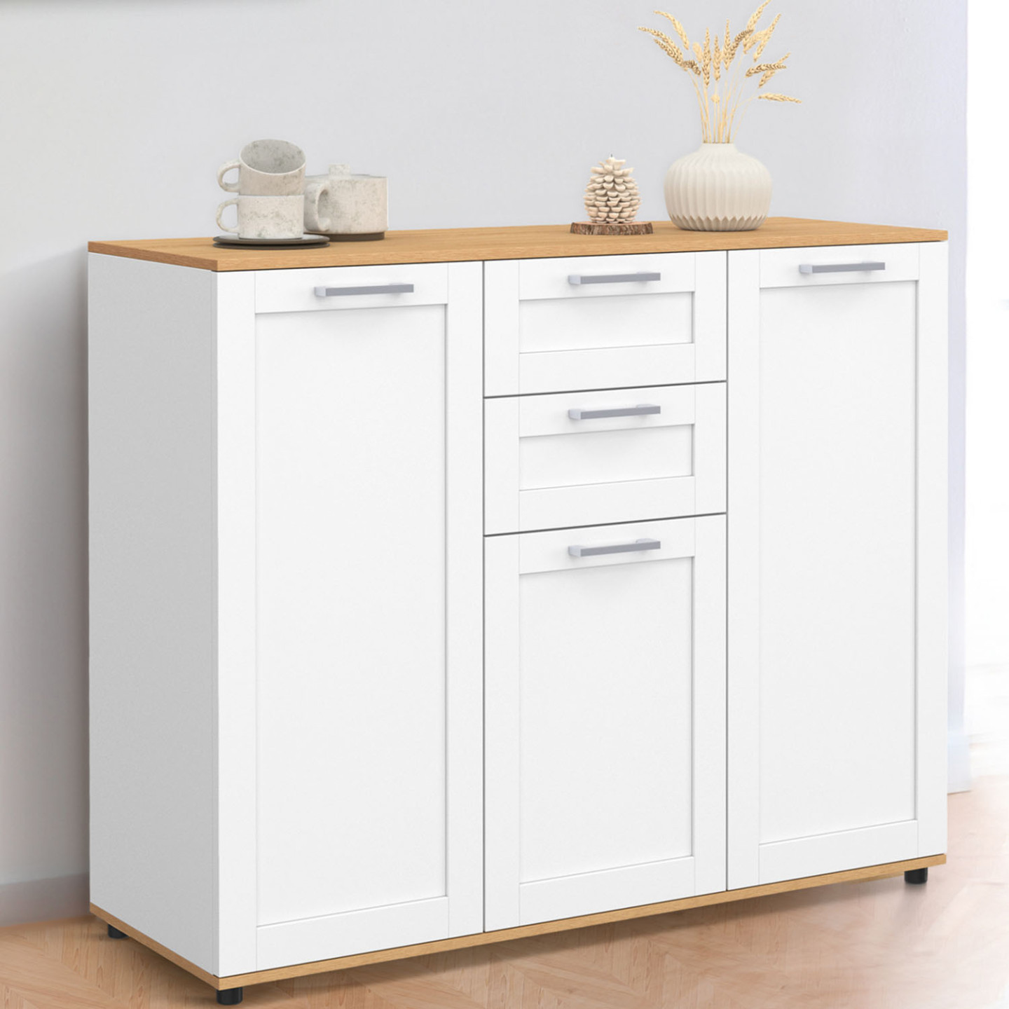 Sideboard 100cm weiß und Holzplatte 3 Türen 2 Schubladen - VITO