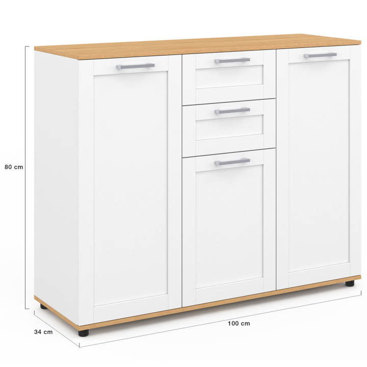 Credenza VITO 100 cm con 3 ante e 2 cassetti bianchi e piano in legno