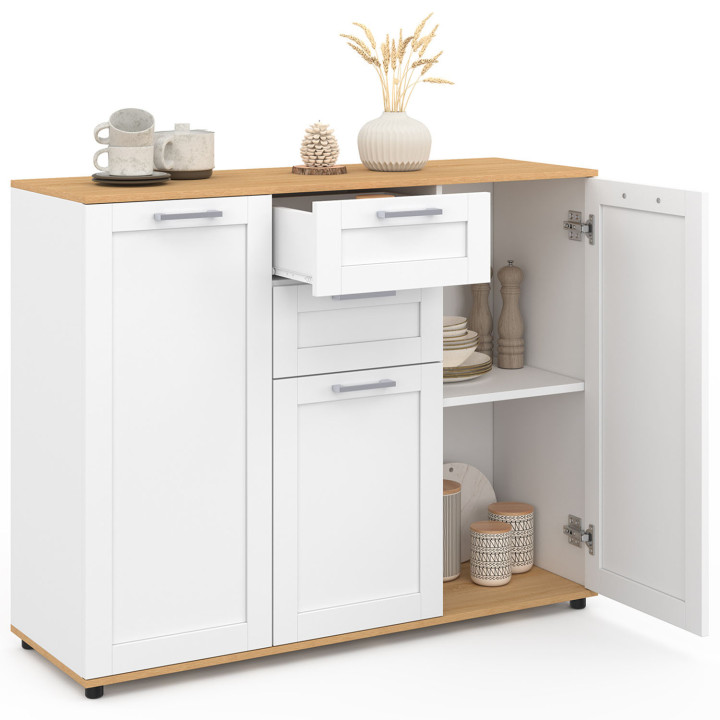 Credenza VITO 100 cm con 3 ante e 2 cassetti bianchi e piano in legno