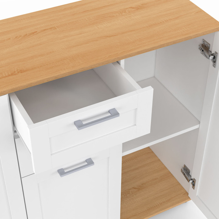 Credenza VITO 100 cm con 3 ante e 2 cassetti bianchi e piano in legno